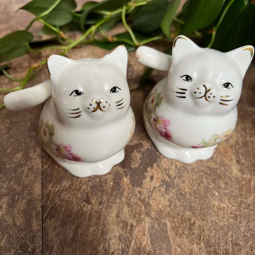 White Ceramic Cat Salt & Pepper Shakers with Floral Design and Gold Trim